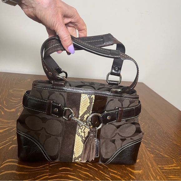 Coach Handbags - Coach Chocolate Brown Hampton Satchel with Python Snake Print Accent